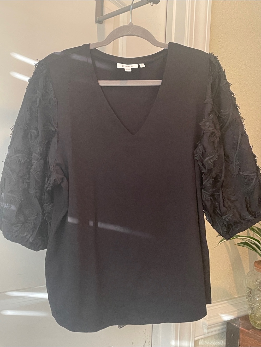 Chico's Black V-Neck Blouse with Textured Puff Sleeves